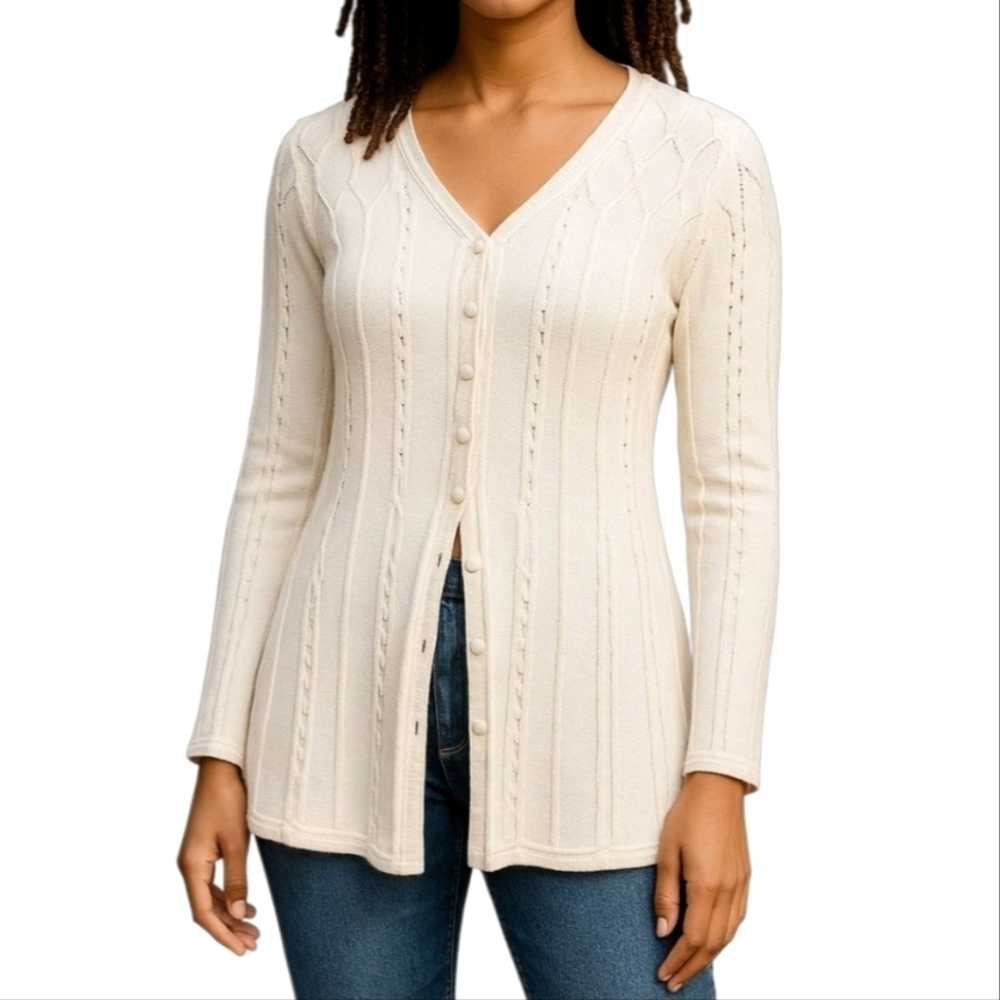 Open Cable Knit Cotton Button Up Cardigan in Ivory Size Medium NWT - Picture 1 of 9
